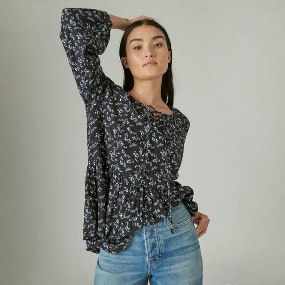 Lucky Brand Floral Printed Tunic Top Navy Blue Puff Sleeve Blouse Plus Size XXL - Picture 1 of 8